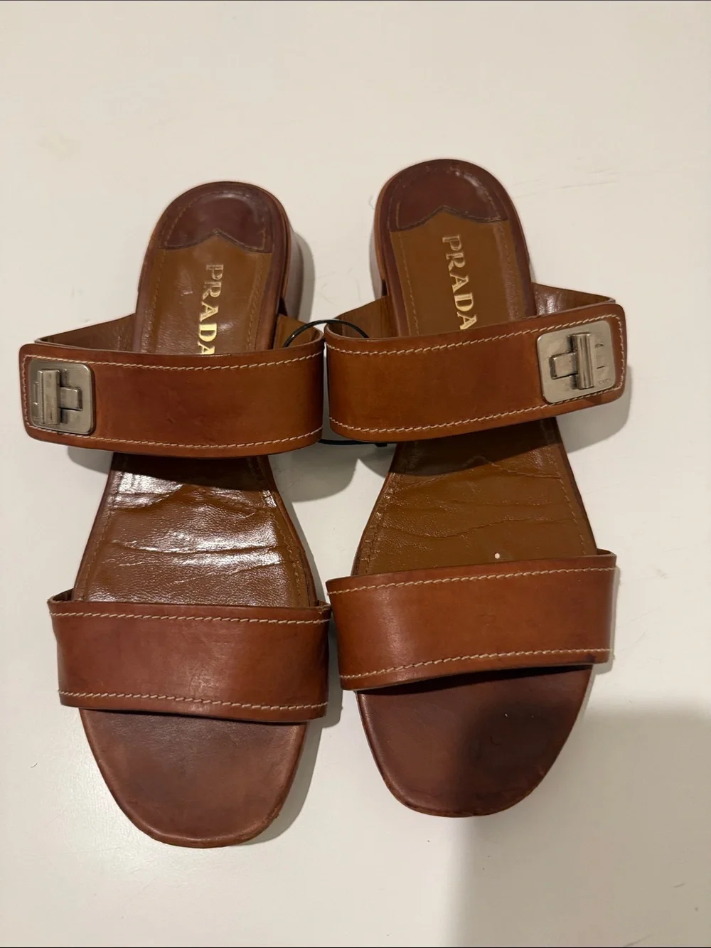 PRADA Tan Brown Leather Double-Strap Slide Sandals - Picture 4 of 14